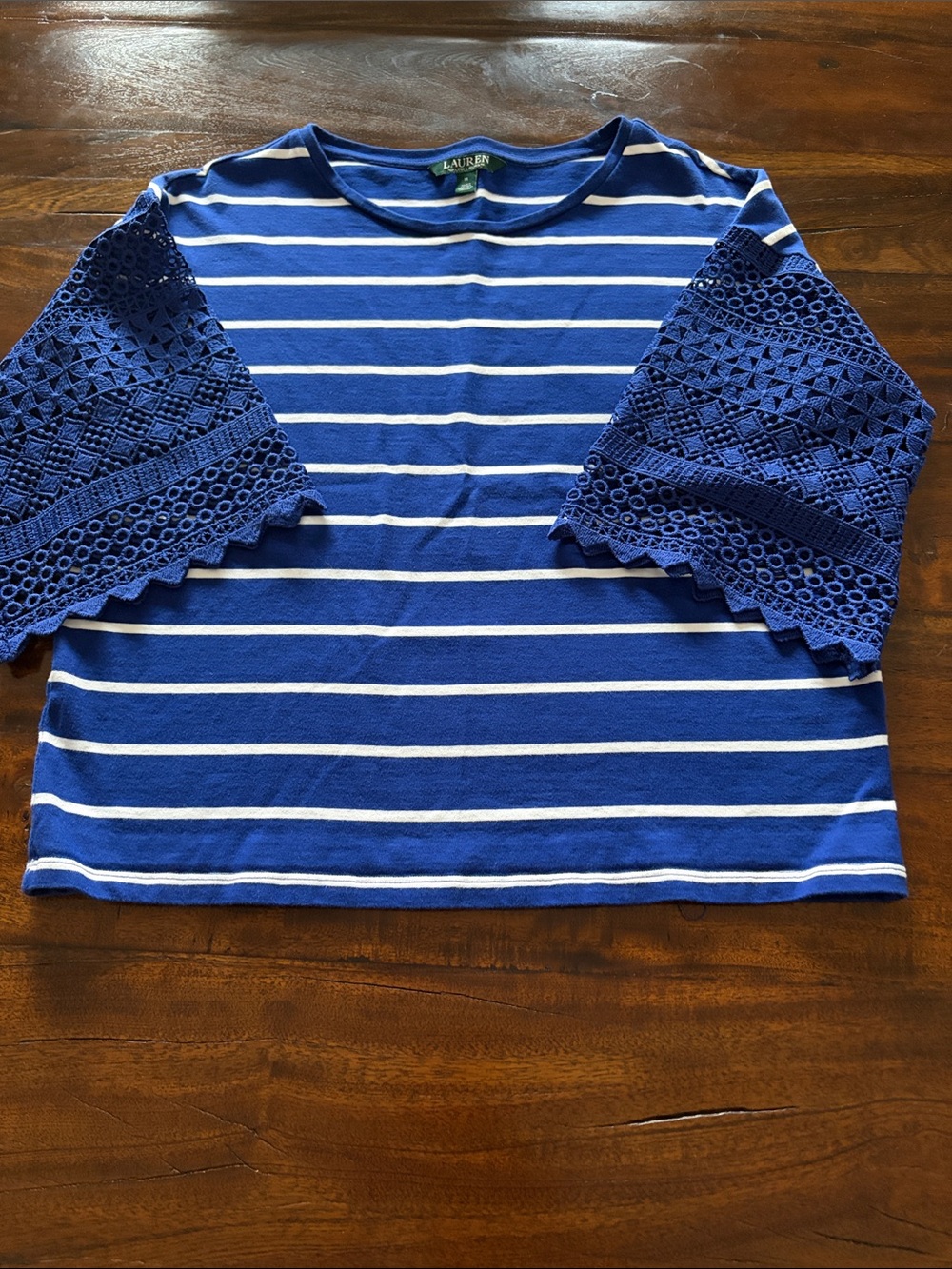 Ralph Lauren Blue and White Striped Tee with Lace Bell Sleeves
